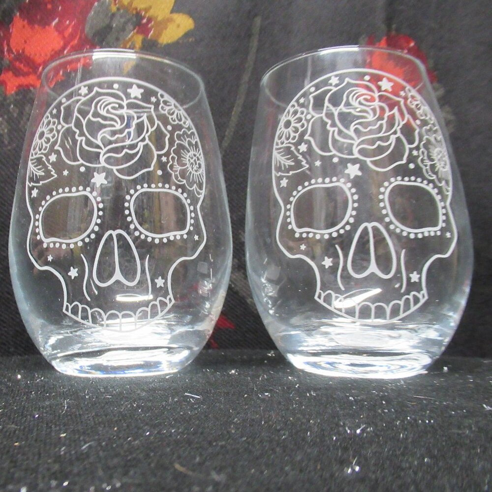 2pc. Sugar Skull Stemless Wine Glasses